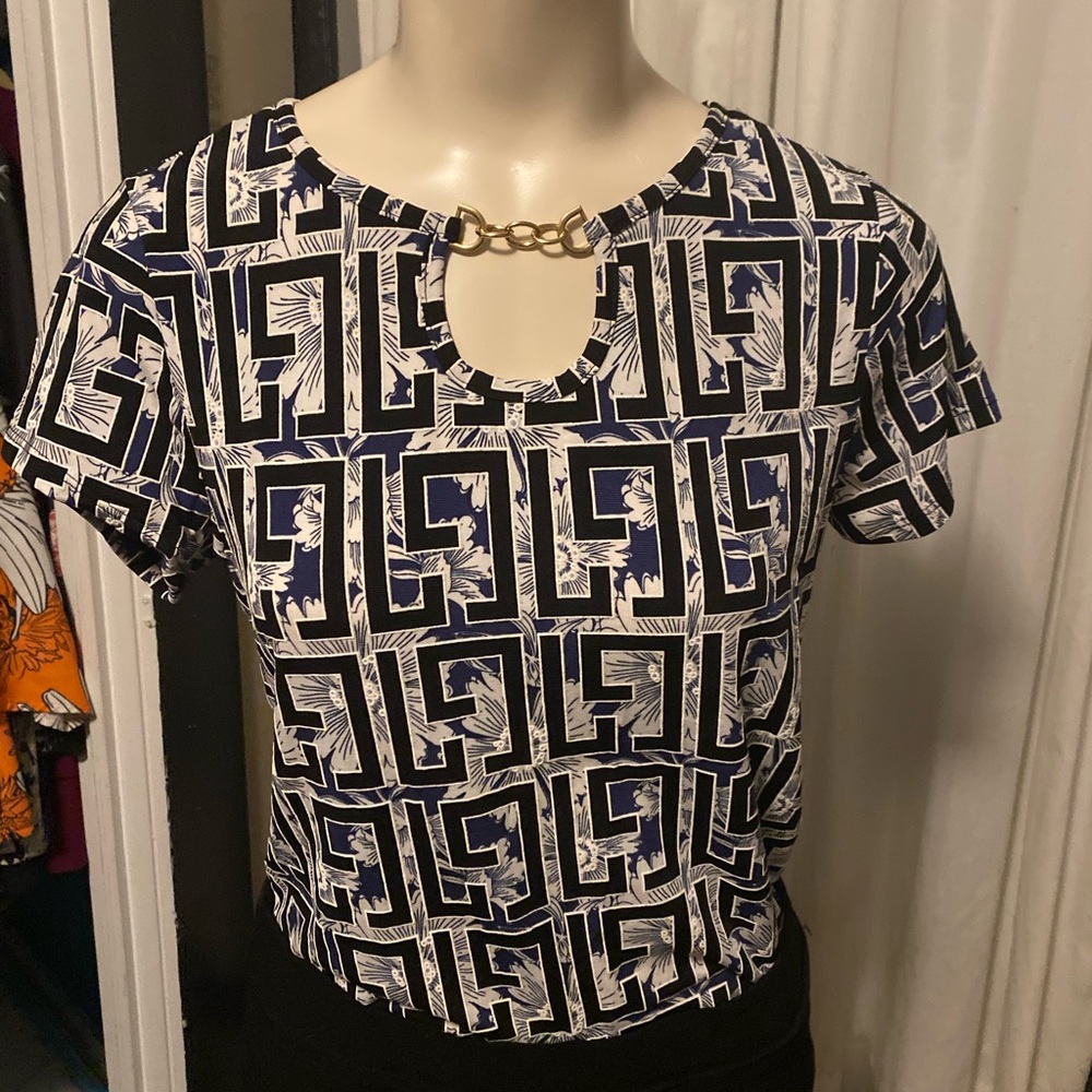 80 Park By Design sz M Blue and Black Floral and Geometric Pattern Short Sleeves